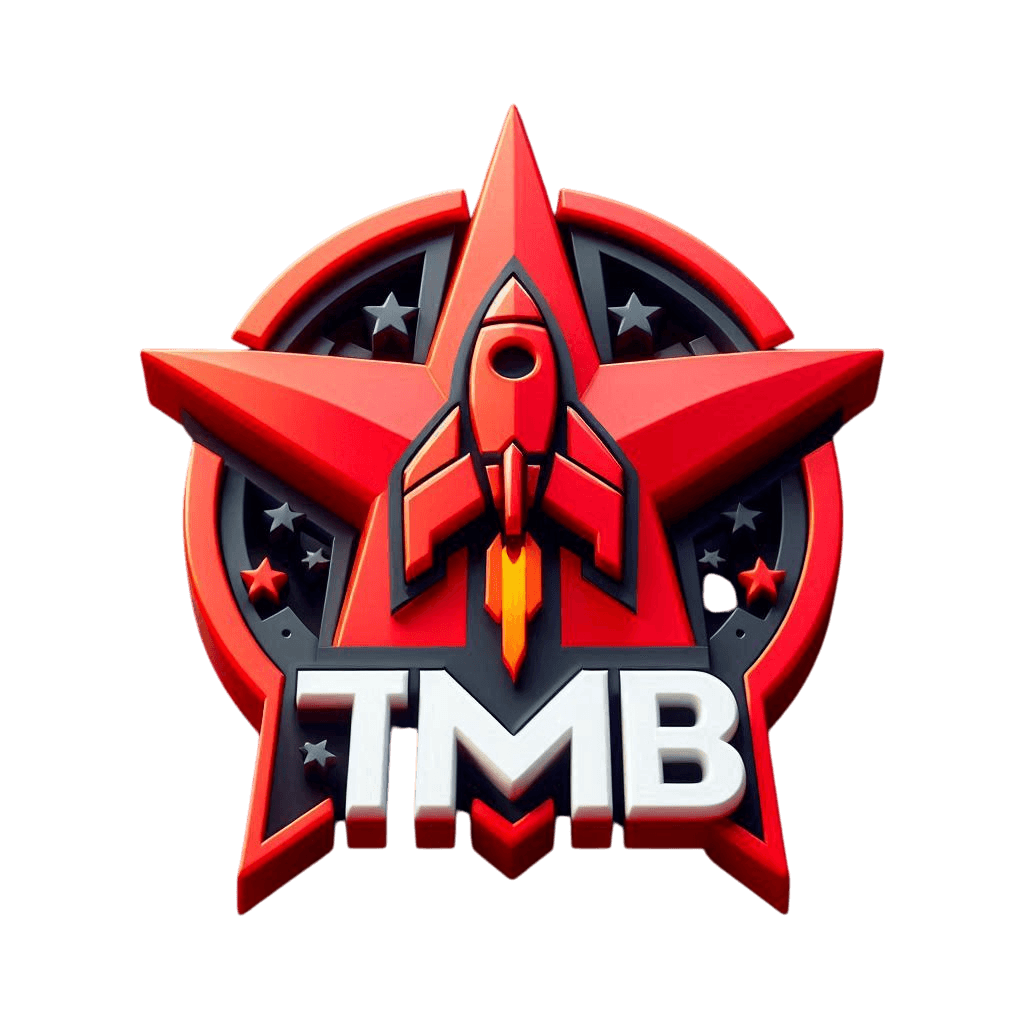 THE MOON BOY emblem — 3D red star with rocket and TMB wordmark