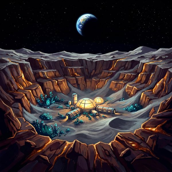 A lunar crater plot with a colony outpost dome and Earth on the horizon